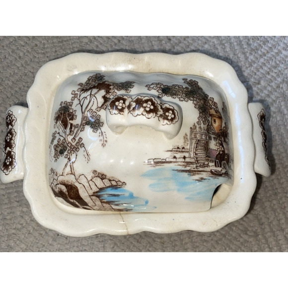 Vintage Transferware Brown Blue Castle Scene Sauce Gravy Tureen Staffordshire - Picture 3 of 13